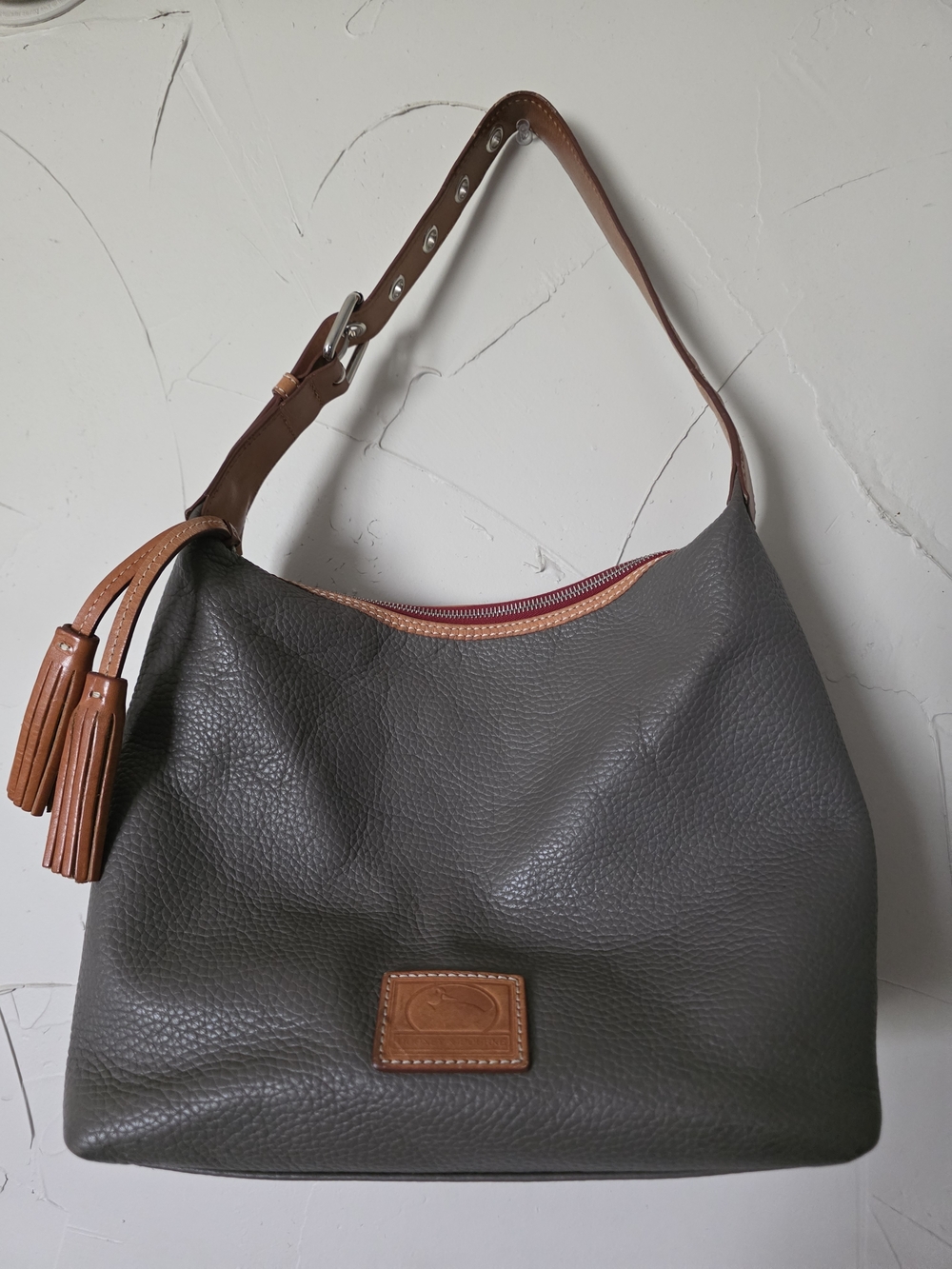 Dooney & Bourke Gray Pebbled Leather Hobo with Tan Trim
